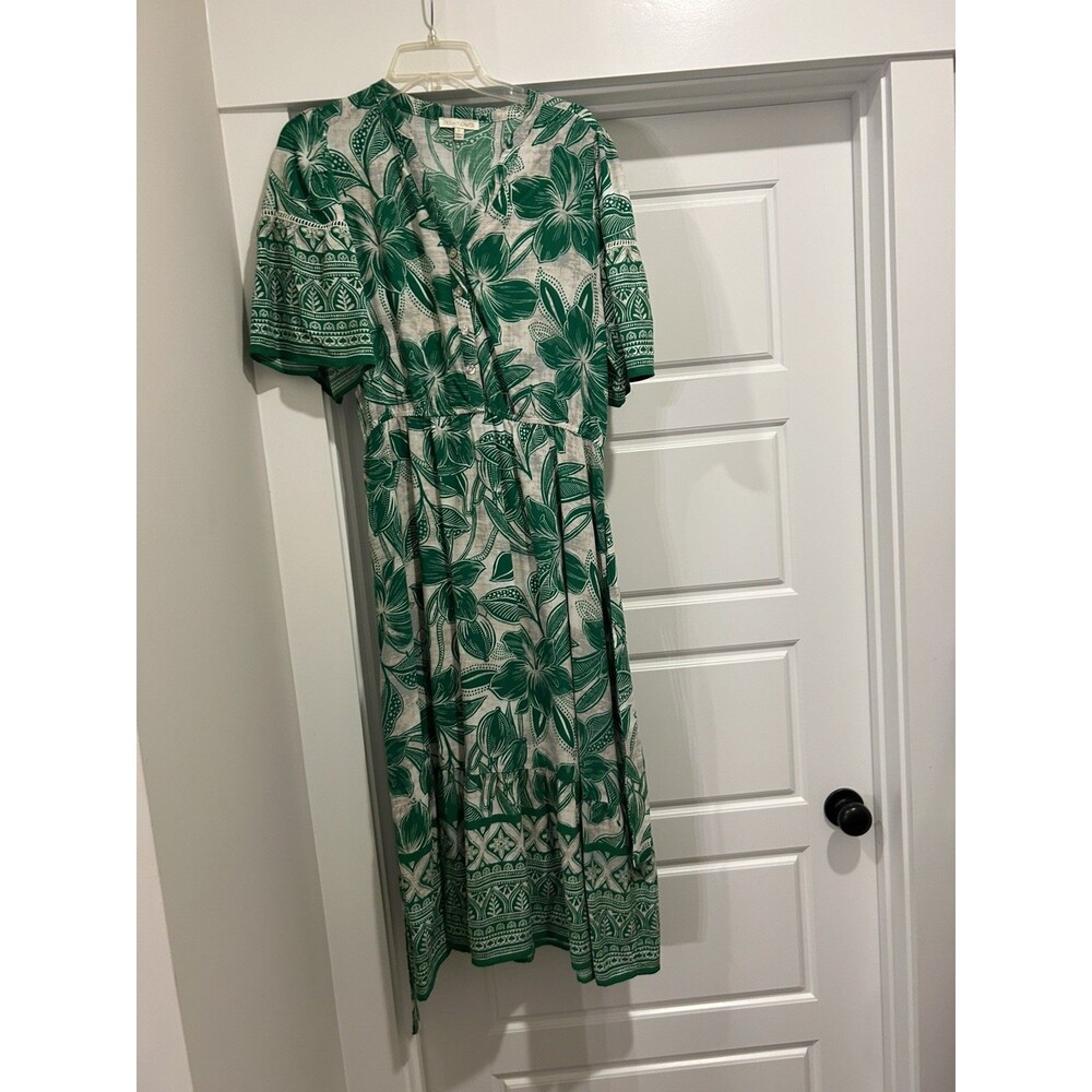 FIG + FLOWER Green Tropical Floral Midi Dress size Large Modest Preppy Teacher